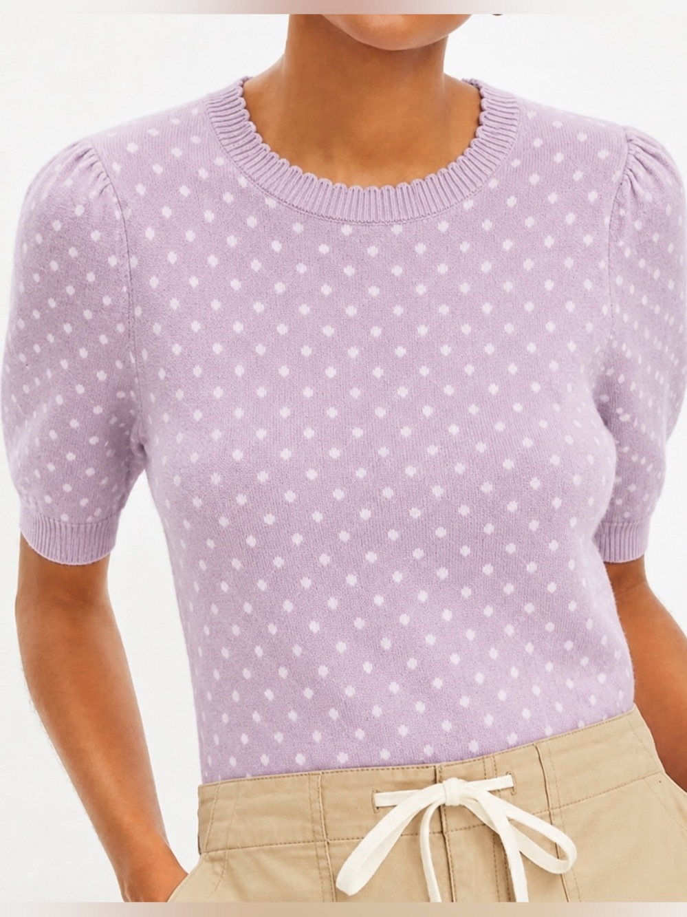 LOFT Puff Sleeve Polka Dot Pastel Lilac Sweater with Scalloped Details